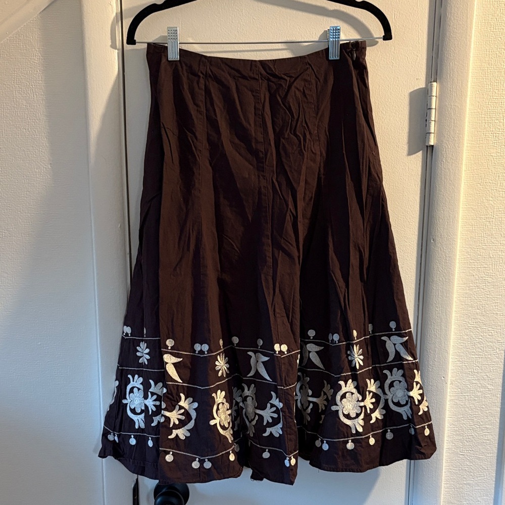 Allison Taylor Brown A-Line Skirt with White Floral Embroidery